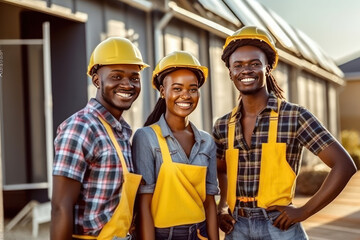 Sticker - Happy African engineers and  team of  construction worker working at construction site