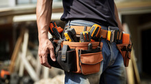 Skilled Construction Worker Wearing A Tool Belt Against The Backdrop Of A House