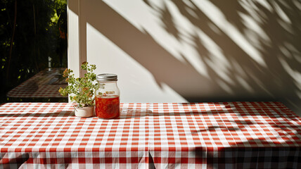 Wall Mural - Tablecloth in red and white checkered pattern adorns a table by the window