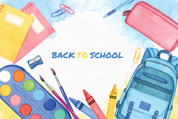 Wall Mural - watercolor back to school banner with school supplies in the background, education concept