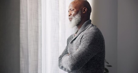 Wall Mural - Depressed, sad and senior man in home with mourning and memory with mental health problem. African male person, sorry and anxiety in a house feeling disappointed in retirement with grief by window