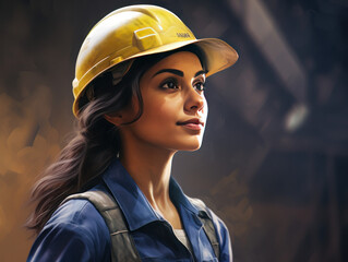 Wall Mural - woman working on a construction site, construction hard hat and work vest, smirking, middle aged or older,