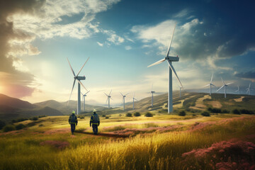 Male and female engineer in uniform with helmet safety using laptop discussing inspection and maintenance of wind turbine in wind farm to generate electrical energy, Renewable power energy