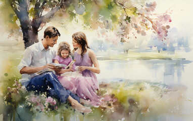 Wall Mural - a modern family, mom and children in a serene park, dreamy pastel colors, impressionistic style, emphasis on love and bonding