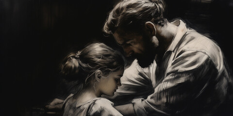  a father - daughter moment, the father tying the daughter's hair, in a quiet, peaceful room, high contrast, Charcoal sketch