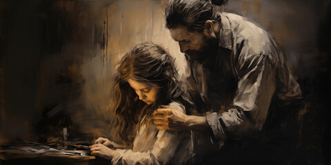 a father - daughter moment, the father tying the daughter's hair, in a quiet, peaceful room, high contrast, Charcoal sketch