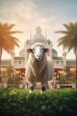 Wall Mural - A sheep stands in front of a mosque building during Eid celebration