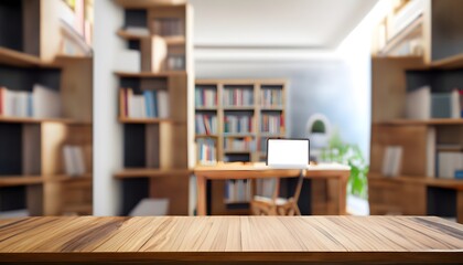 wooden study table with a blurred background of a modern home library, bookshelf in the library, combining work and leisure in an inspiring space, ai generated, generated ai 