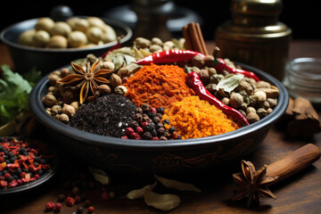 Various aromatic colorful spices and herbs. Ingredients for cooking and Ayurveda treatments.