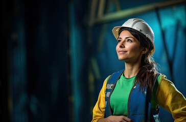 female worker in hardhat standing against industrial background