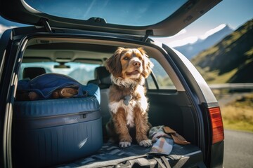 Wall Mural - Dog sitting in car with luggage for travel. Generative AI