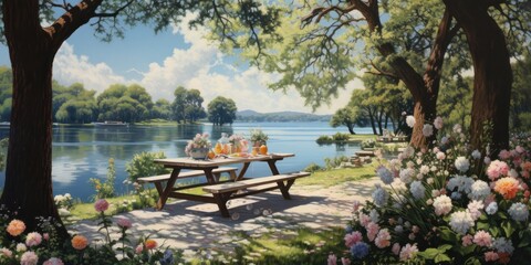 illustration of picnic in park, oil painting, generative AI