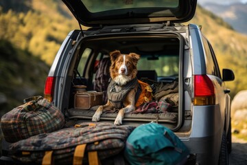 Wall Mural - Dog sitting in car with luggage for travel. Generative AI