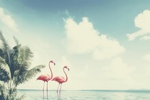 Vintage And Retro Collage Photo Of Flamingos Standing