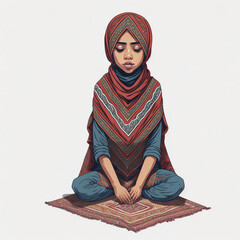 Muslim girl sitting on the prayer rug while praying, vector, illustration, white background