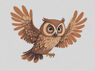 Sticker - Owl Cartoon Bird Flying Animal Brown Color Nature Drawing, vector, illustration, white background