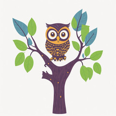 owl sitting on tree branch, vector, illustration, white background