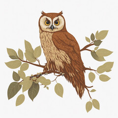 owl sitting on tree branch, vector, illustration, white background
