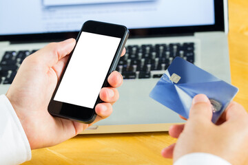 Poster - Digital png photo of hand with credit card and smartphone with copy space on transparent background