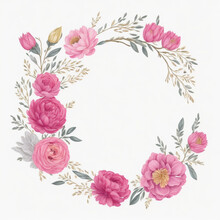 Vector Watercolor Pink Floral Wreath With Golden Circle Collection