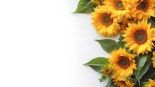 Long Wide Summer Banner With Yellow Sunflowers On Bright Yellow Background. Bright Greeting Card Template. Generative AI