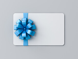 Wall Mural - Blank white gift card with blue ribbon bow or gift voucher isolated on gray background with shadow minimal concept 3D rendering