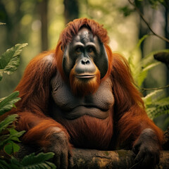 Wall Mural - Orangutan in its Natural Habitat, Wildlife Photography, Generative AI