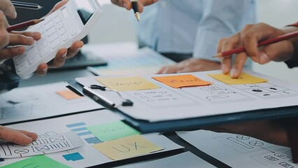 ux Graphic designer creative sketch planning application process development prototype wireframe for web mobile phone . User experience concept.