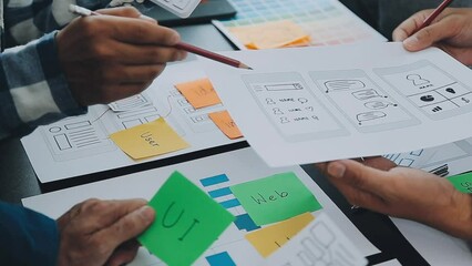 ux Graphic designer creative sketch planning application process development prototype wireframe for web mobile phone . User experience concept.