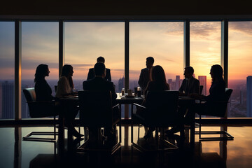 Wall Mural - Silhouette of business people leaning on table in conference room, aesthetic look