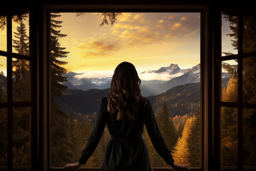 Wall Mural - Silhouette of female looking out of window at the scenic mountain peaks and the pine forest during fall time, aesthetic look