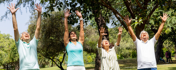 Group of Indian seniors doing laughing yoga together in park , Senior lifestyle concept 