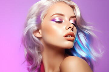 Sensual blond girl with purple hair and glowing skin in colorful iridescent foil. AI generated