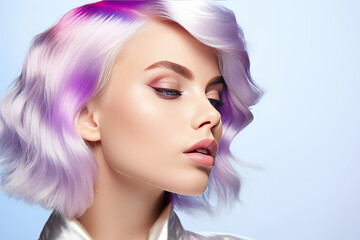 Wall Mural - Sensual blond girl with purple hair and glowing skin in colorful iridescent foil. AI generated