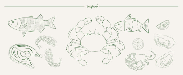 Сollection of seafood illustration in sketch style. Editable vector illustration.