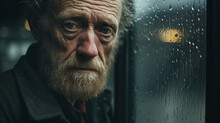 Portrait Of An Elderly Man By A Window With Rain Drops