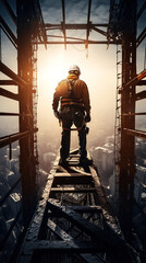 construction engineer worker at heights,architecture sci-fi construction working platform on top of 