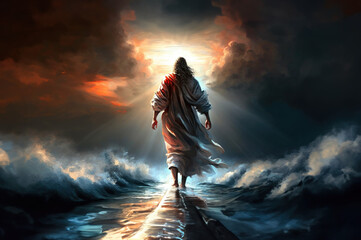 Wall Mural - the figure of jesus walks on water on a beautiful dramatic sunset background created with generative