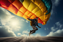 Man Jumping With A Parachute.