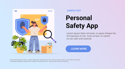 Poster - girl programmer using computer app to develop new security system personal safety application with t