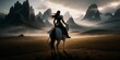 a woman with armor riding a horse in a mountainous area and a sky filled with clouds, epic fantasy character art