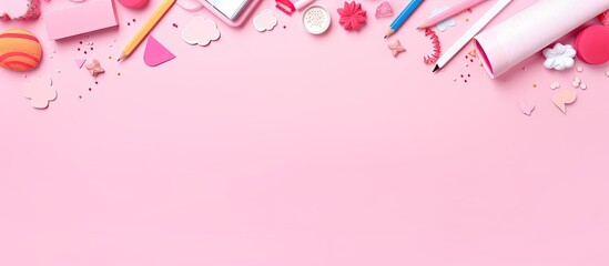 Poster - School supplies arranged on a pink background. Creative flat lay for back to school with empty space for text.