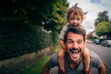 dad gives his young sun a piggy back in local street 