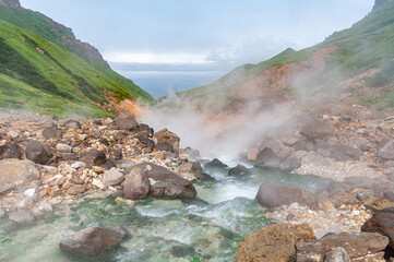 Mountain landscape at Paramushir Island, Kuril Islands, Russia. The Yurievskie hot springs