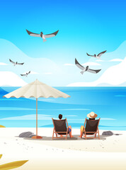 Wall Mural - man woman couple sitting together under umbrella on tropical beach summer vacation time to travel concept