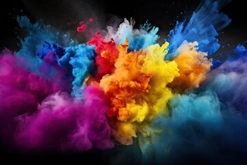 Poster - Colorful powder explosion isolated on black background. Abstract colored cloud. Abstract colorful powder explosion on black background. Colored cloud. Colorful dust explode, AI Generated