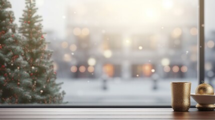 Empty wooden table with christmas tree over room in background