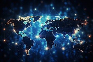 Poster - World map on technological background, glowing lines symbols. 3D rendering, Abstract world network connection on a glowing world map, Black background, AI Generated