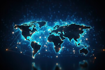 Poster - digital world map on blue background. 3d rendering toned image double exposure, abstract world netwo