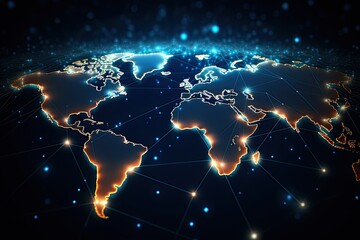 Poster - Global network connection concept with world map. 3d rendering, 3d illustration. Abstract world network connection on a glowing world map, Black background, AI Generated